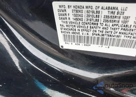 2008 Honda Odyssey Ex-L z USA, uszkodzony, nr VIN 5FNRL38778B041661